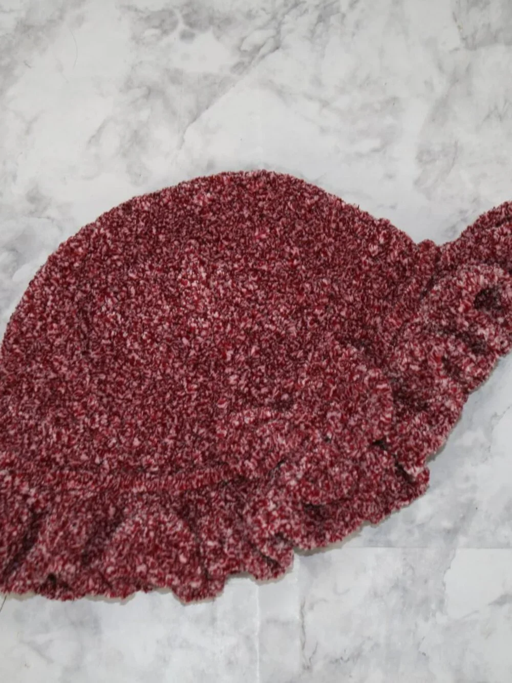 HAND CRAFTED Hat Crochet Bucket Chenille Winter Full Ruffle Red Burgundy Marled